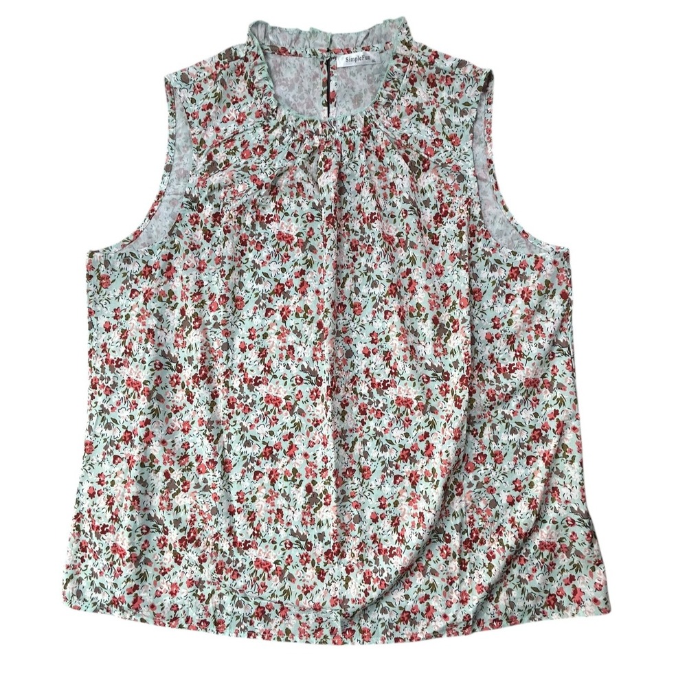 Simple Fun Tank Top Womens Size XL Multicolor Floral Ruffle Neckline Lightweight